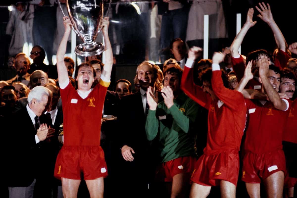 Liverpool captain Phil Thompson (left) lifts the European Cup after Liverpool won the trophy for the third time, in Paris