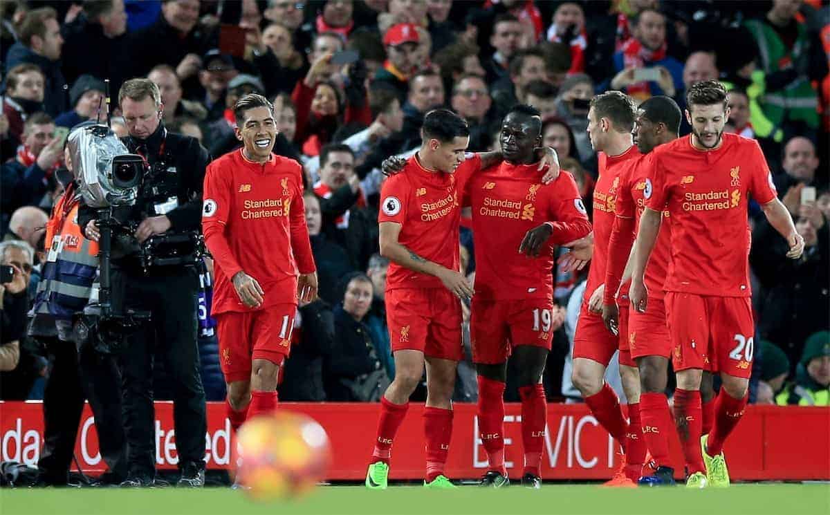 Liverpool's Sadio Mane (centre) celebrates scoring his side's second goal of the game during the Premier League match at Anfield, Liverpool.