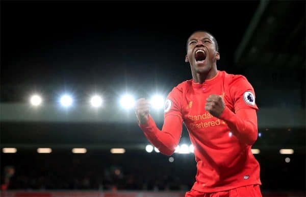 Liverpool's Georginio Wijnaldum celebrates scoring his side's third goal of the game during the Premier League match at Anfield, Liverpool. PRESS ASSOCIATION Photo. Picture date: Saturday March 4, 2017. Peter Byrne/PA Wire.