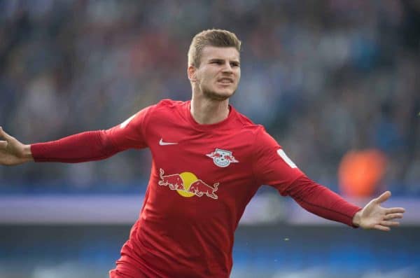 Leipzig's Timo Werner celebrates his 1:0 opener during the German Bundesliga soccer mathc between Hertha BSC and RB Leipzig in the Olympia Stadium in Berlin, Germany, 6 May 2017. (EMBARGO CONDITIONS - ATTENTION: Due to the accreditation guidelines, the DFL only permits the publication and utilisation of up to 15 pictures per match on the internet and in online media during the match.) Photo: Soeren Stache/dpa