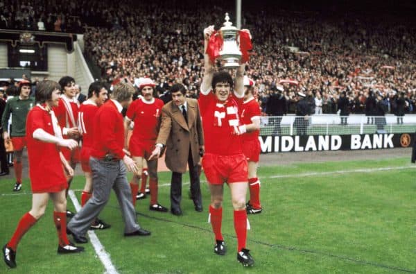 Liverpool captain Emlyn Hughes with the FA Cup