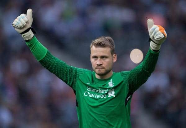 Liverpool's goalkeeper Simon Mignolet gives the thumbs up after his side extend their lead to 3:0 during the international club friendly soccer match between Hertha BSC and FC Liverpool in the Olympia Stadium in Berlin, Germany, 29 July 2017. Photo: Soeren Stache/dpa