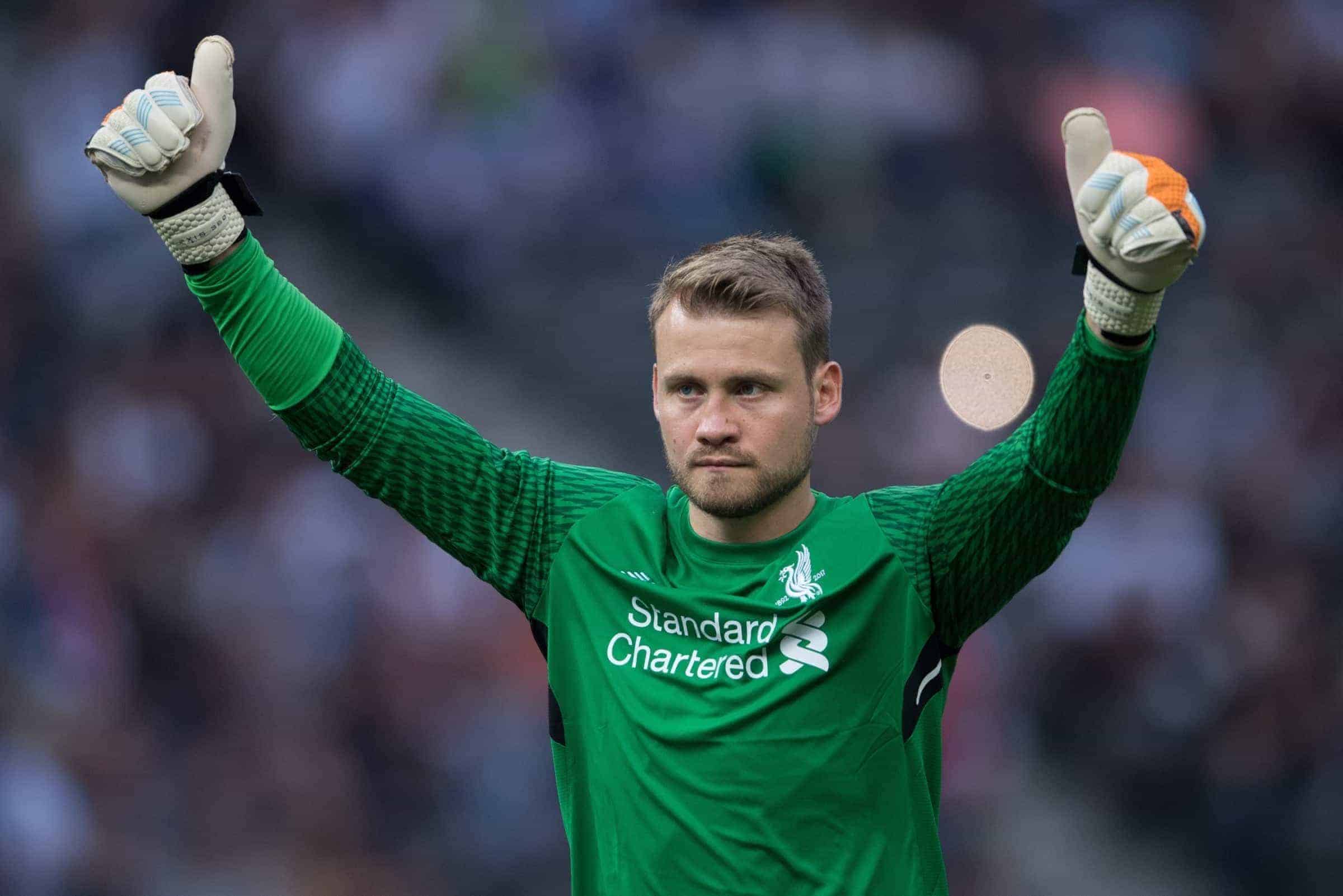 Liverpool's goalkeeper Simon Mignolet gives the thumbs up after his side extend their lead to 3:0 during the international club friendly soccer match between Hertha BSC and FC Liverpool in the Olympia Stadium in Berlin, Germany, 29 July 2017. Photo: Soeren Stache/dpa