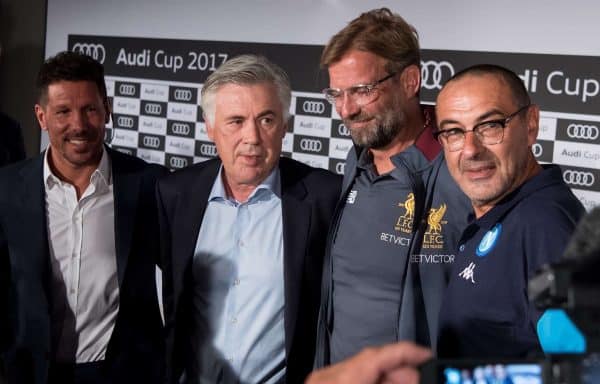 Coaches Diego Simeone of Atletico Madrid (left to right), Carlo Ancelotti of Bayern Munich, Jurgen Klopp of Liverpool and Maurizio Sarri of Napoli taking part in a press conference in Munich,†Germany, 31 July 2017. FC†Bayern Munich, FC†Liverpool, Atletico Madrid and SSC†Napoli will take part in the Audi Cup in Munich, Germany, on 01 and 02 August 2017. Photo: Sven Hoppe/dpa