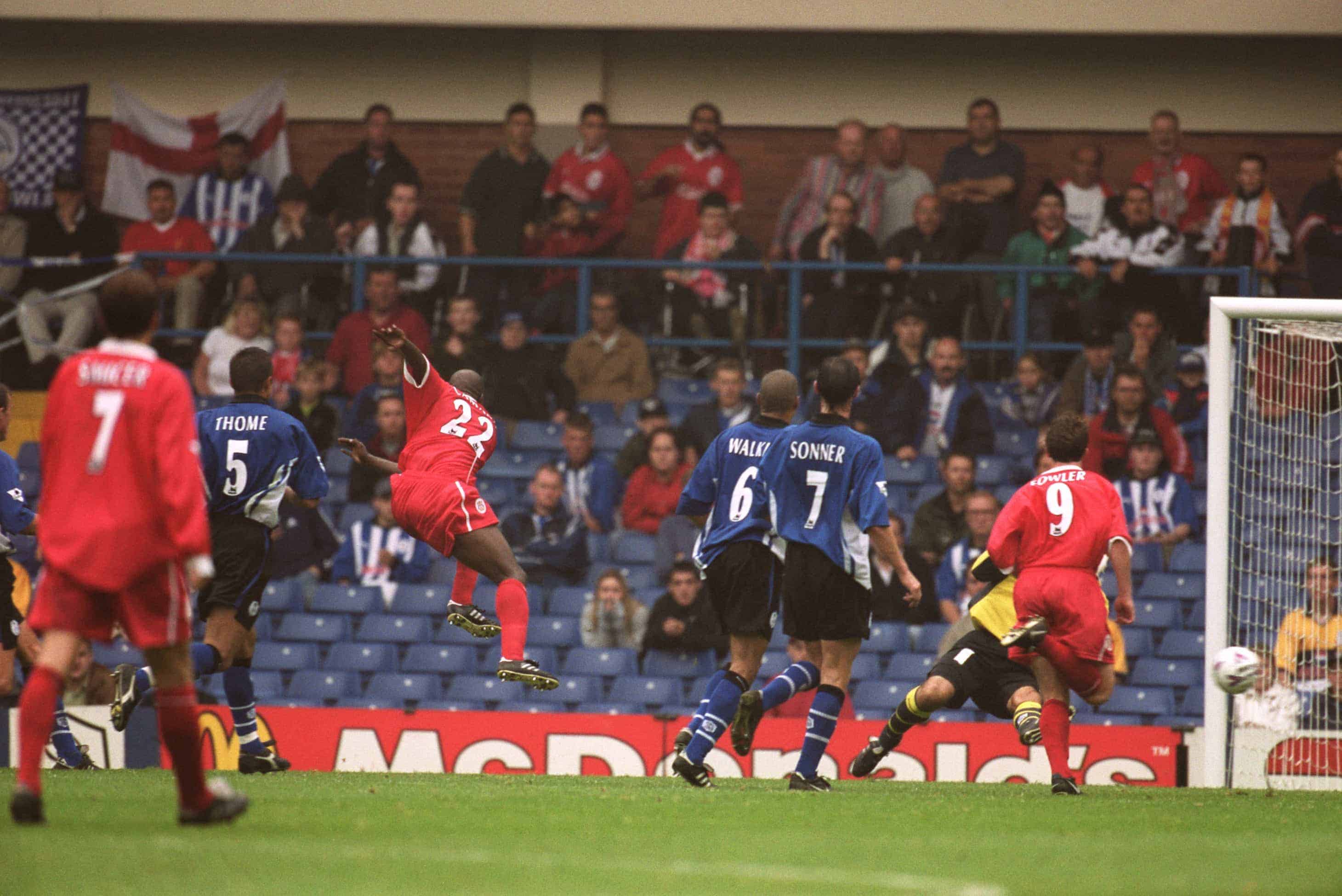 Picture by: Neal Simpson / EMPICS Sport Liverpool's Titi Camara fires the ball past 'Keeper Pavel Srnicek to score their second goal