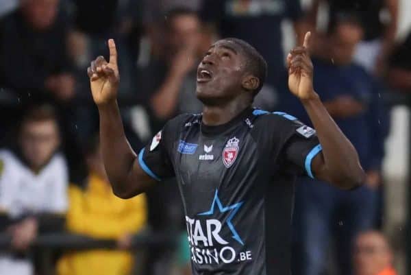 Mouscron's Michael Awoniyi celebrates after scoring during the Jupiler Pro League match between Sporting Lokeren and Royal Excel Mouscron, in Lokeren, Saturday 12 August 2017, on the third day of the Jupiler Pro League, the Belgian soccer championship season 2017-2018. BELGA PHOTO VIRGINIE LEFOUR