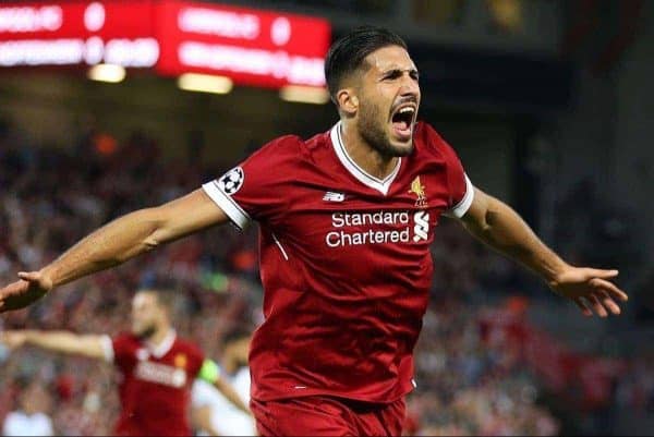 Liverpool's Emre Can celebrates scoring his side's first goal during the UEFA Champions League Play-Off, Second Leg match at Anfield, Liverpool.