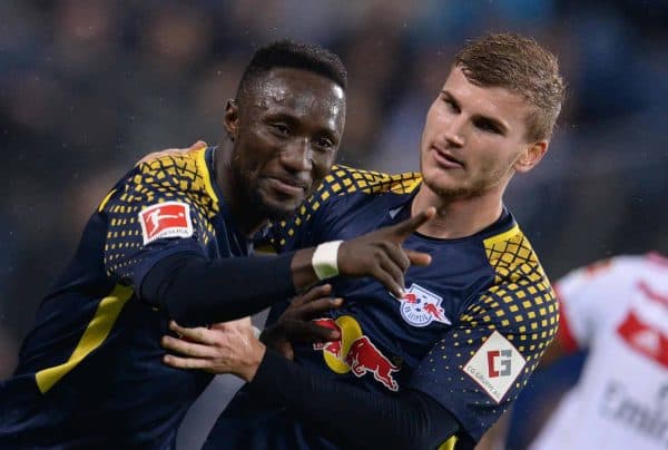 Leipzig's Naby Keita (L) celebrates after scoring the 0-1 lead with team-mate Timo Werner during the Bundesliga soccer match between Hamburg SV and RB Leipzig in the Volksparkstadium in Hamburg, Germany, 08 September 2017.  Photo: Daniel Reinhardt/dpa