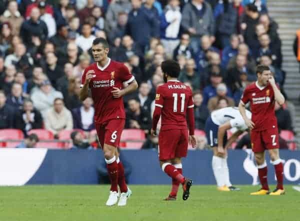 Liverpool's Dejan Lovren goes off after 30 minutes during the premier league match at Wembley Stadium, London. Picture date 22nd October 2017. Picture credit should read: David Klein/Sportimage via PA Images