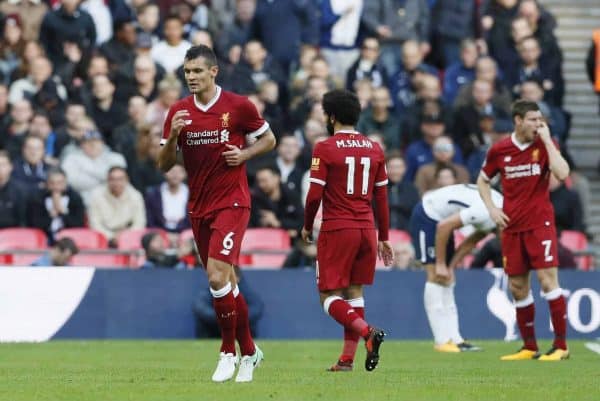 Liverpool's Dejan Lovren goes off after 30 minutes during the premier league match at Wembley Stadium, London. Picture date 22nd October 2017. Picture credit should read: David Klein/Sportimage via PA Images