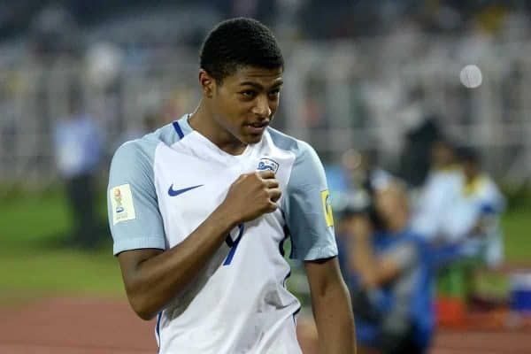 October 25, 2017 - Kolkata, West Bengal, India - England Rhian Brewster (jersey 9) celebrates England win against Brazil at the FIFA U 17 World Cup India 2017 Semi Final match in Kolkata. Players of England and Brazil in action during the FIFA U 17 World Cup India 2017 Semi Final match on October 25, 2017 in Kolkata. (Credit Image: © Saikat Paul/Pacific Press via ZUMA Wire)