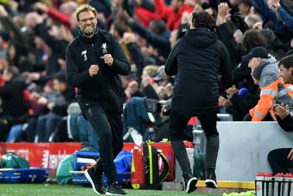 Liverpool manager Jurgen Klopp celebrates his side's third goal of the game from Georginio Wijnaldum during the Premier League match at Anfield, Liverpool. Saturday October 28, 2017. (Dave Howarth/PA Wire)