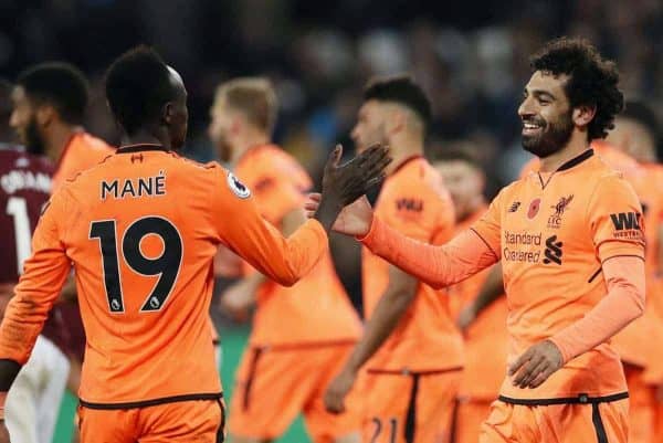 Liverpool's Mohamed Salah celebrates scoring his sides fourth goal during the premier league match at the London Stadium, London. Picture date 4th November 2017. Picture credit should read: David Klein/Sportimage via PA Images