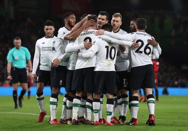 Liverpool's Roberto Firmino is mobbed by his team-mates after scoring his side's fourth goal during the Premier League match at the Vitality Stadium, Bournemouth.