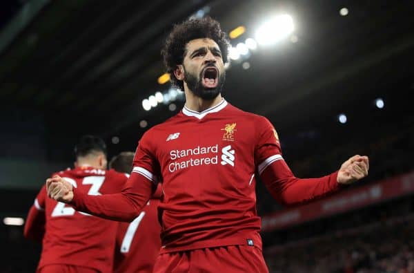 Liverpool's Mohamed Salah celebrates scoring his side's second goal during the Premier League match at Anfield, Liverpool.