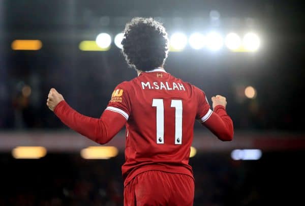 Liverpool's Mohamed Salah celebrates scoring his side's second goal during the Premier League match at Anfield, Liverpool.