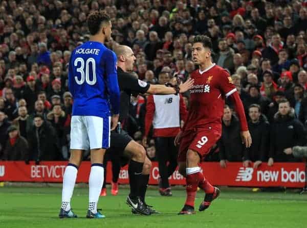 Everton's Mason Holgate (left) and Liverpool's Roberto Firmino during the FA Cup, third round match at Anfield, Liverpool. (Peter Byrne/PA Wire/PA Images)