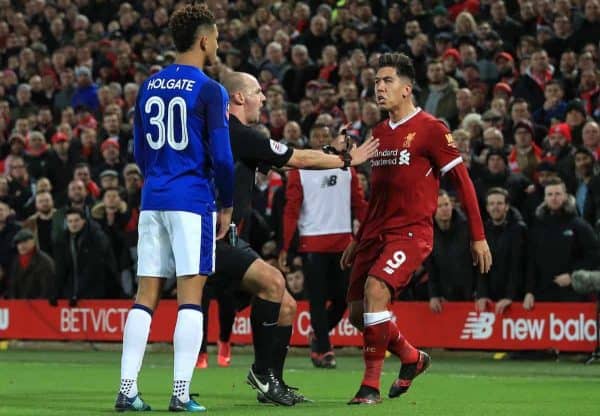 Everton's Mason Holgate (left) and Liverpool's Roberto Firmino during the FA Cup, third round match at Anfield, Liverpool. (Peter Byrne/PA Wire/PA Images)