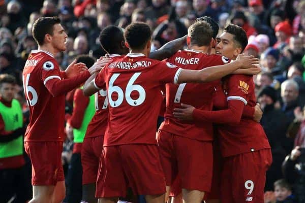 Liverpool's Emre Can (second right) celebrates scoring his side's first goal of the game with team mates during the Premier League match at Anfield, Liverpool. (Peter Byrne/PA Wire/PA Images)