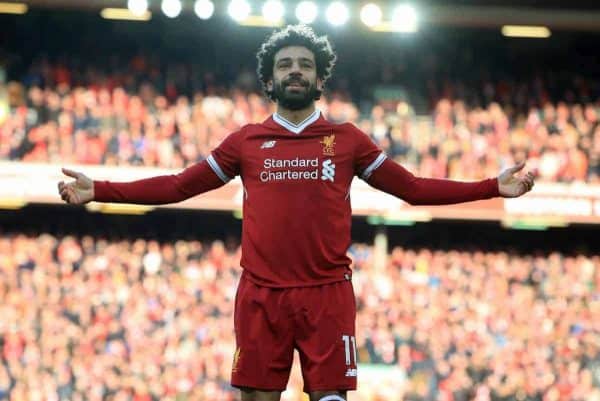 Liverpool's Mohamed Salah celebrates scoring his side's second goal of the game during the Premier League match at Anfield, Liverpool. (Peter Byrne/PA Wire/PA Images)