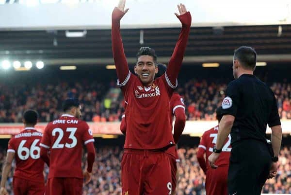 Liverpool's Roberto Firmino celebrates scoring his side's third goal of the game during the Premier League match at Anfield, Liverpool. (Peter Byrne/PA Wire/PA Images)