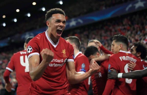 Liverpool's Trent Alexander-Arnold celebrates after Alex Oxlade-Chamberlain (background) scores his side's second goal of the game during the UEFA Champions League quarter final, first leg match at Anfield, Liverpool. ( Peter Byrne/PA Wire/PA Images)