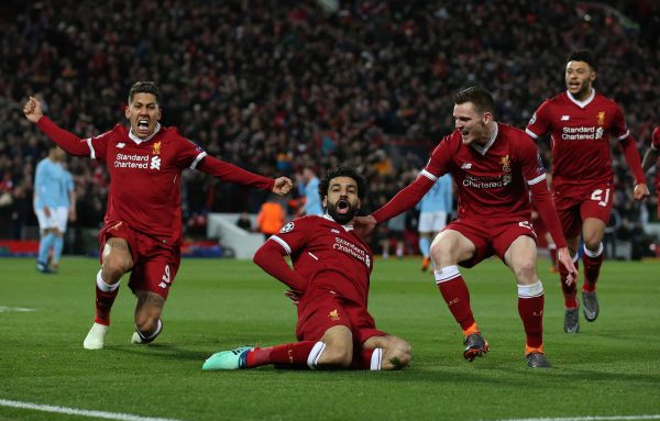 Mohamed Salah of Liverpool (c) celebrates scoring the first goal during the Champions League Quarter Final 1st Leg, match at Anfield Stadium, Liverpool. Picture date: 4th April 2018. Picture credit should read: Simon Bellis/Sportimage via PA Images