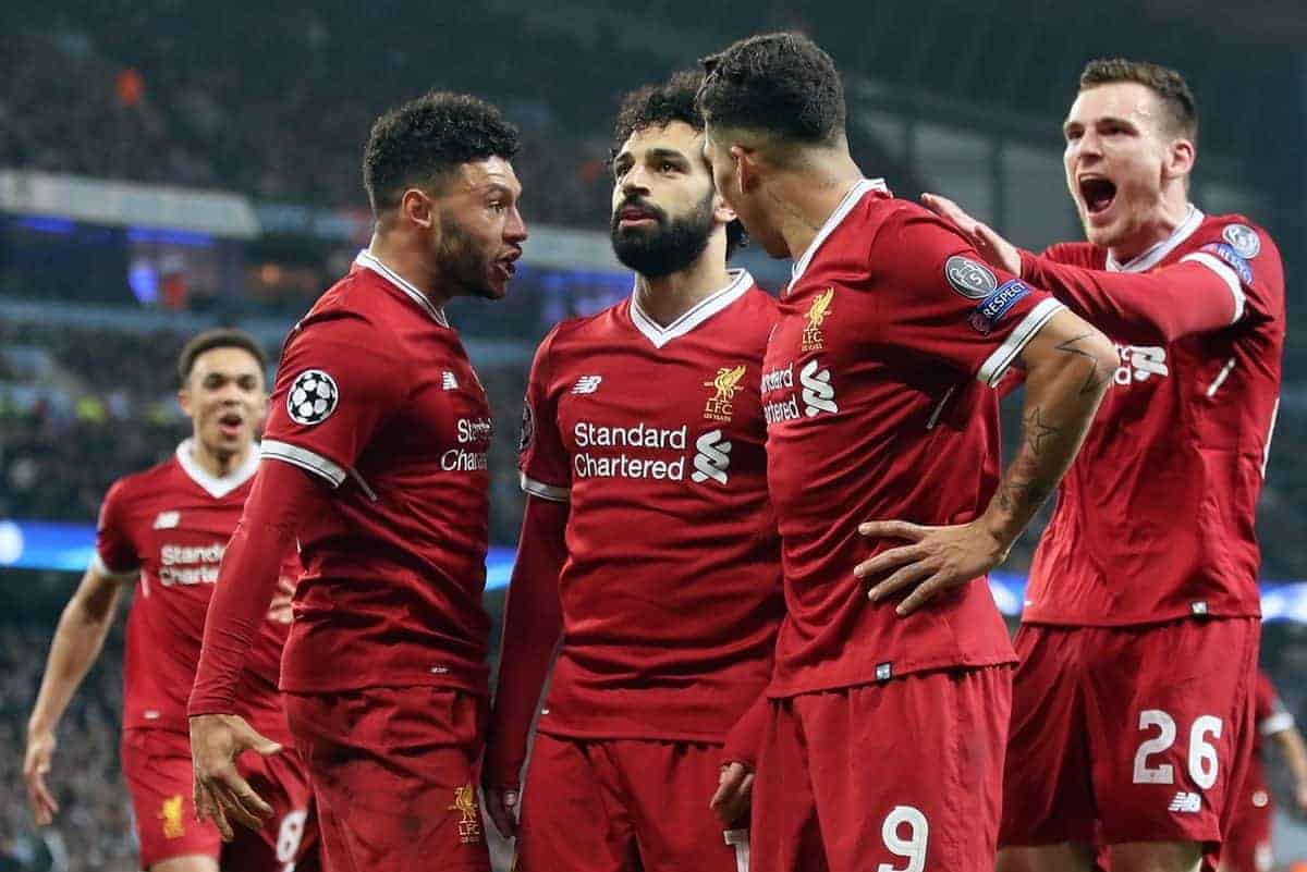 Liverpool's Mohamed Salah celebrates scoring his side's first goal of the game during the UEFA Champions League, Quarter Final at the Etihad Stadium, Manchester. PRESS ASSOCIATION Photo. Picture date: Tuesday April 10, 2018. See PA story SOCCER Man City. Photo credit should read: Nick Potts/PA Wire