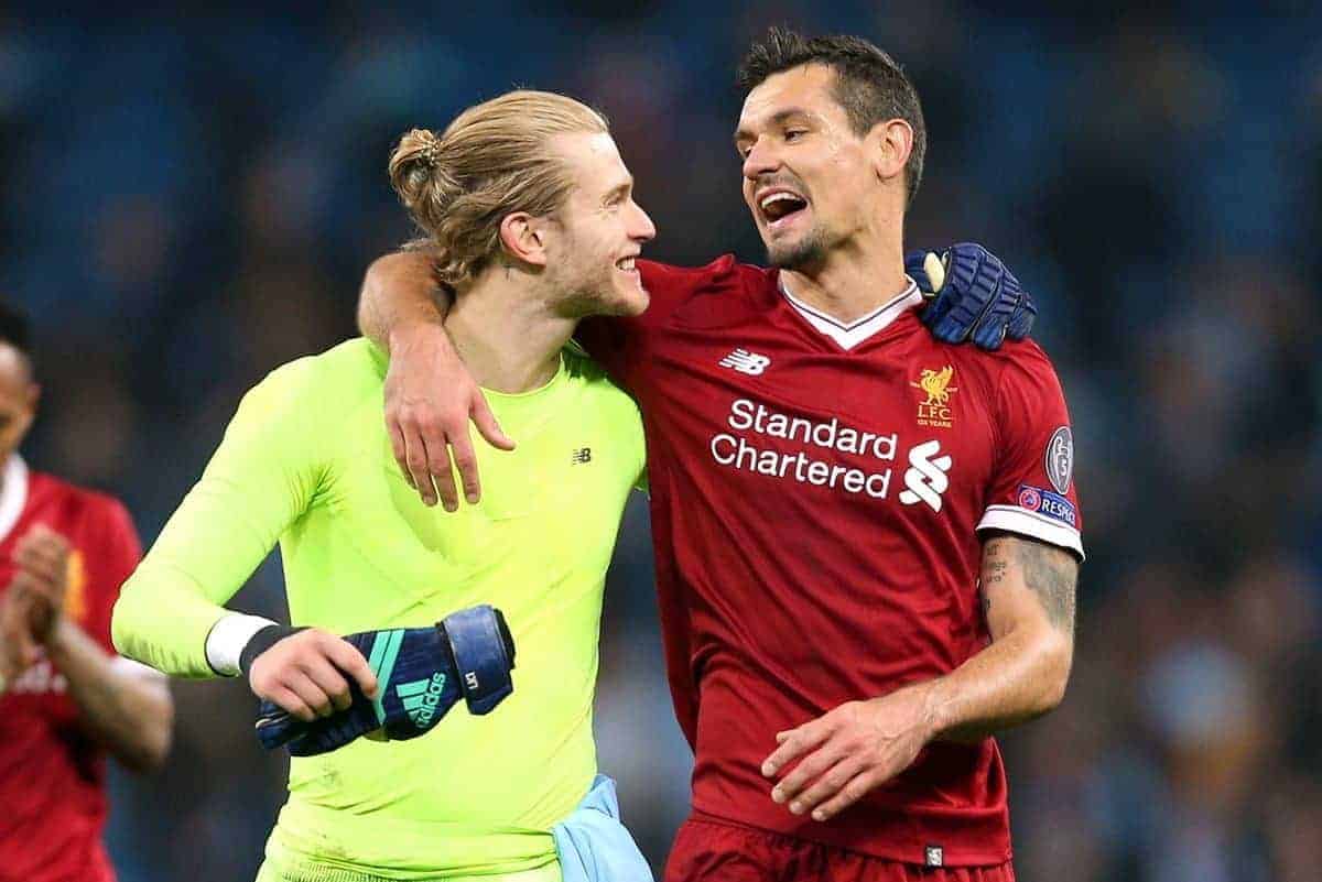 Liverpool goalkeeper Loris Karius and Dejan Lovren celebrate at the end of the match - Nigel French/EMPICS Sport