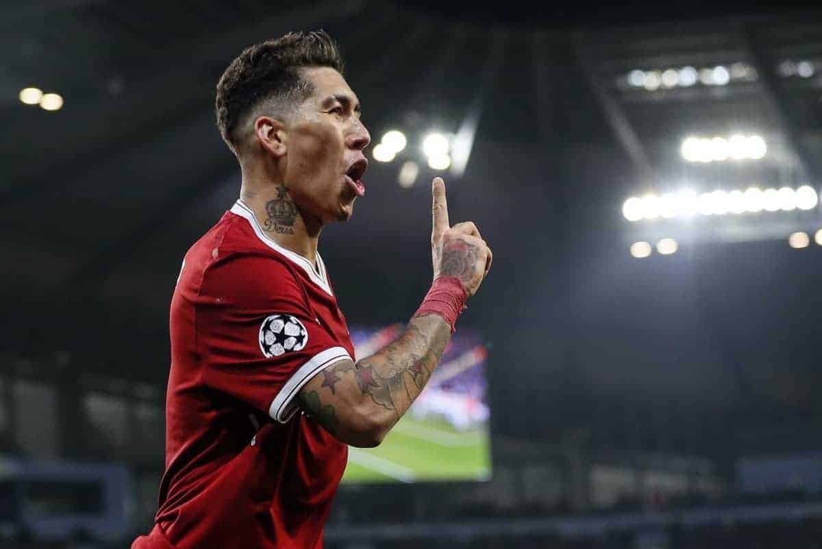 Liverpool's Roberto Firmino celebrates scoring his sides second goal during the Champions League Quarter Final 2nd Leg match at the Etihad Stadium, Manchester. Picture date: 10th April 2018. Picture credit should read: David Klein/Sportimage via PA Images