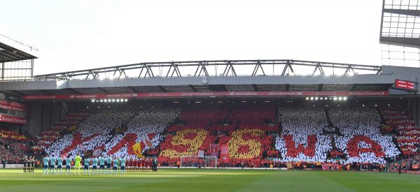 A minute's applause is held to mark the 29th anniversary of the Hillsborough tragedy before the Premier League match at Anfield, Liverpool. PRESS ASSOCIATION Photo. Picture date: Saturday April 14, 2018.. Photo: Anthony Devlin/PA Wire.