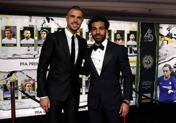 Liverpool's Jordan Henderson (left) and Mohamed Salah arrive for the 2018 PFA Awards at the Grosvenor House Hotel, London.(Photo: John Walton/PA Wire)