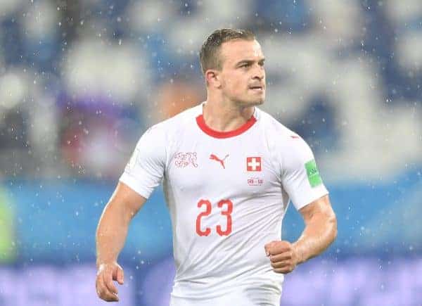 (180622) -- KALININGRAD, June 22, 2018 (Xinhua) -- Xherdan Shaqiri of Switzerland celebrates victory after the 2018 FIFA World Cup Group E match between Switzerland and Serbia in Kaliningrad, Russia, June 22, 2018. Switzerland won 2-1. (Xinhua/Liu Dawei)