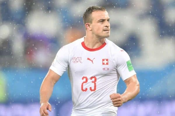 (180622) -- KALININGRAD, June 22, 2018 (Xinhua) -- Xherdan Shaqiri of Switzerland celebrates victory after the 2018 FIFA World Cup Group E match between Switzerland and Serbia in Kaliningrad, Russia, June 22, 2018. Switzerland won 2-1. (Xinhua/Liu Dawei)