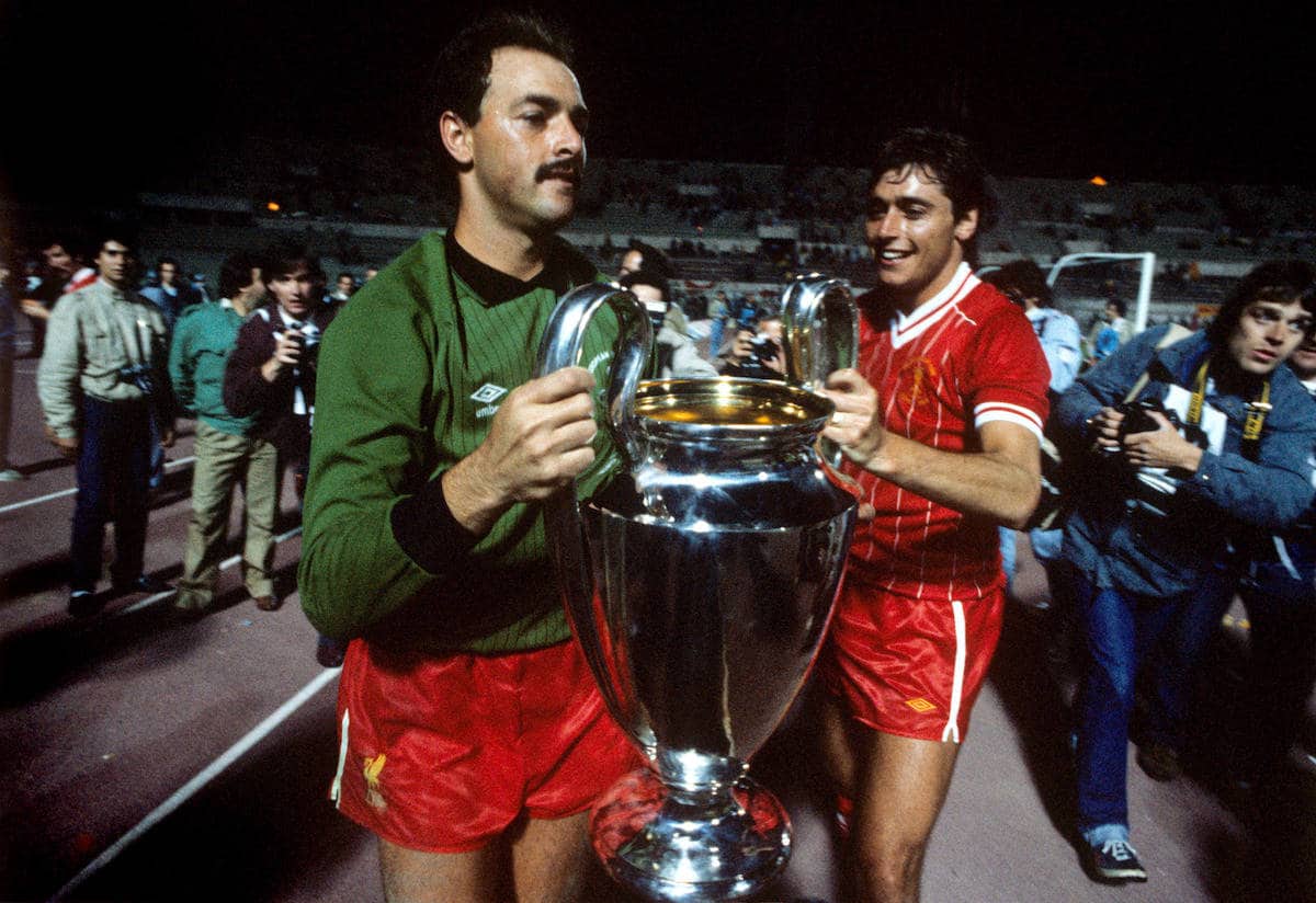 Liverpool's Bruce Grobbelaar and Michael Robinson celebrate with the European Cup, 1984. (Picture by Peter Robinson EMPICS Sport)