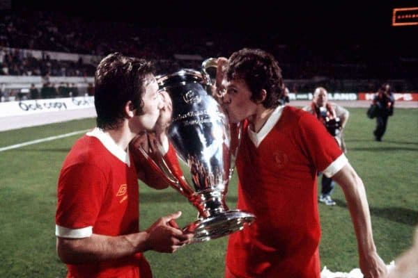 (L-R) Liverpool's Jimmy Case and Phil Neal, who scored the final goal, kiss the European Cup