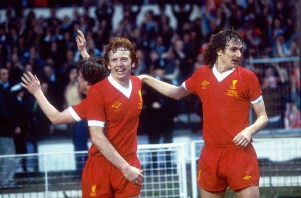 (L-R) Liverpool's David Fairclough and Phil Thompson celebrate the winning goal (Picture by S&G S&G and Barratts/EMPICS Sport)