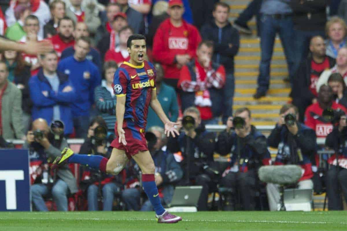 LONDON, ENGLAND, Saturday, May 28, 2011: FC Barcelona's Pedro Rodriguez celebrates scoring the first goal against Manchester United during the UEFA Champions League Final at Wembley Stadium. (Photo by Chris Brunskill/Propaganda)