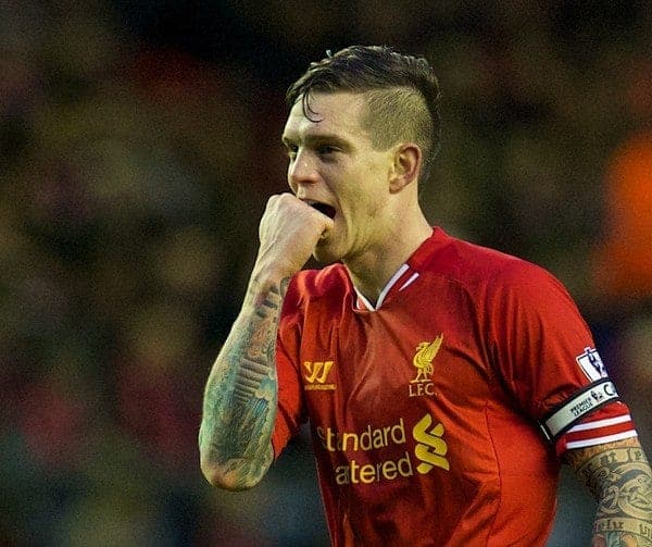 LIVERPOOL, ENGLAND - Wednesday, January 1, 2014: Liverpool's Daniel Agger celebrates scoring the first goal against Hull City during the Premiership match at Anfield. (Pic by David Rawcliffe/Propaganda)