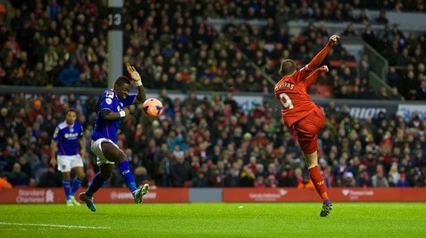 LIVERPOOL, ENGLAND - Sunday, January 5, 2014: Liverpool's Iago Aspas scores the first goal against Oldham Athletic during the FA Cup 3rd Round match at Anfield. (Pic by David Rawcliffe/Propaganda)