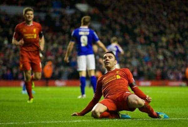 LIVERPOOL, ENGLAND - Sunday, January 5, 2014: Liverpool's Iago Aspas celebrates scoring the first goal against Oldham Athletic during the FA Cup 3rd Round match at Anfield. (Pic by David Rawcliffe/Propaganda)