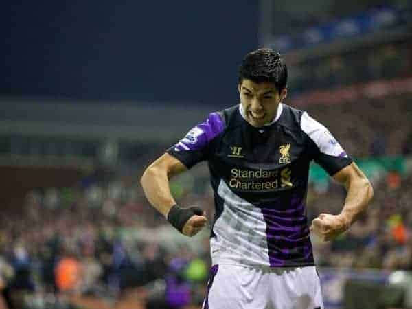 STOKE-ON-TRENT, ENGLAND - Sunday, January 12, 2014: Liverpool's Luis Suarez celebrates scoring the second goal against Stoke City during the Premiership match at the Britannia Stadium. (Pic by David Rawcliffe/Propaganda)