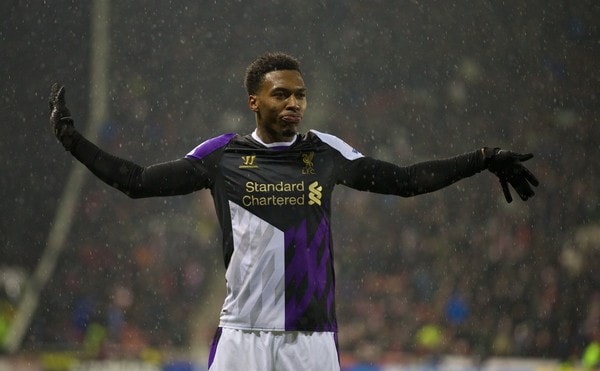 STOKE-ON-TRENT, ENGLAND - Sunday, January 12, 2014: Liverpool's Daniel Sturridge celebrates scoring the fifth goal against Stoke City during the Premiership match at the Britannia Stadium. (Pic by David Rawcliffe/Propaganda)