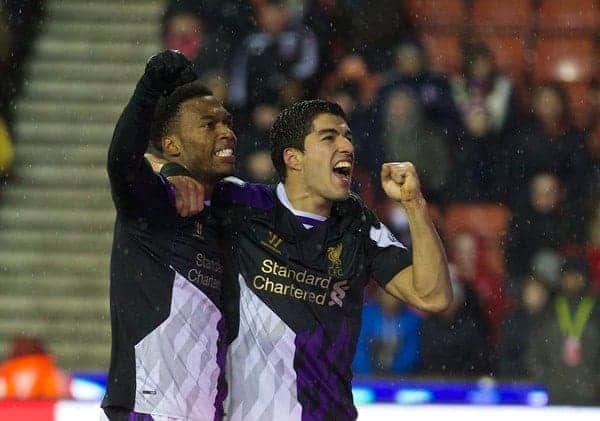 STOKE-ON-TRENT, ENGLAND - Sunday, January 12, 2014: Liverpool's Luis Suarez celebrates scoring the fourth goal against from the penalty spot during the Premiership match at the Britannia Stadium. (Pic by David Rawcliffe/Propaganda)