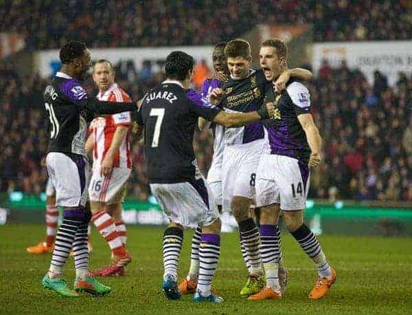 STOKE-ON-TRENT, ENGLAND - Sunday, January 12, 2014: Liverpool's captain Steven Gerrard celebrates scoring the third goal against from the penalty spot  during the Premiership match at the Britannia Stadium. (Pic by David Rawcliffe/Propaganda)