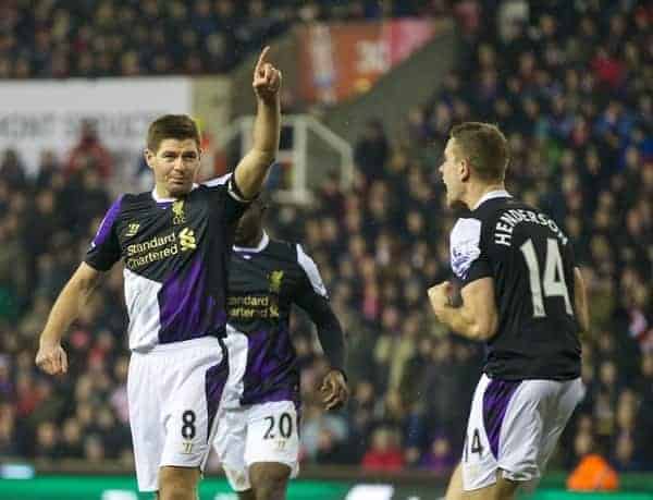 STOKE-ON-TRENT, ENGLAND - Sunday, January 12, 2014: Liverpool's captain Steven Gerrard celebrates scoring the third goal against from the penalty spot  during the Premiership match at the Britannia Stadium. (Pic by David Rawcliffe/Propaganda)