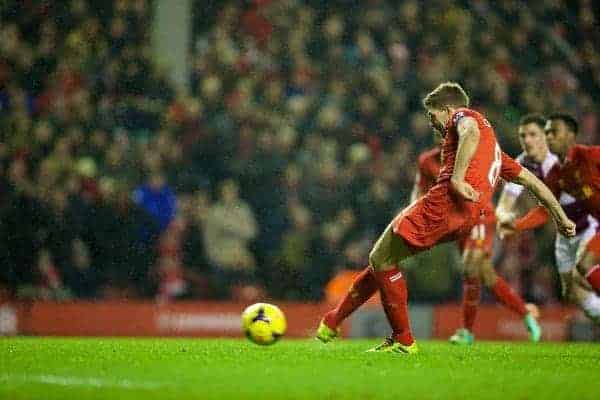 LIVERPOOL, ENGLAND - Saturday, January 18, 2014: Liverpool's captain Steven Gerrard scores the second goal against Aston Villa from the penalty spot during the Premiership match at Anfield. (Pic by David Rawcliffe/Propaganda)