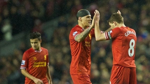 LIVERPOOL, ENGLAND - Tuesday, January 28, 2014: Liverpool's captain Steven Gerrard celebrates scoring the first goal against Everton during the 222nd Merseyside Derby Premiership match at Anfield. (Pic by David Rawcliffe/Propaganda)