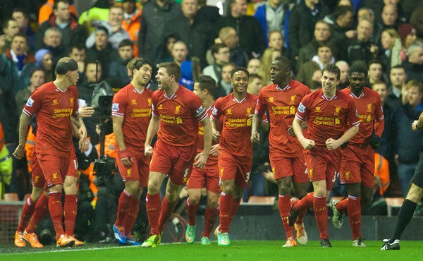 LIVERPOOL, ENGLAND - Tuesday, January 28, 2014: Liverpool's Daniel Sturridge celebrates scoring the second goal against Everton during the 222nd Merseyside Derby Premiership match at Anfield. (Pic by David Rawcliffe/Propaganda)