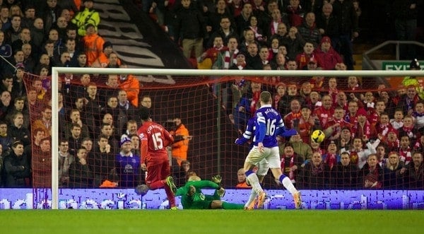 LIVERPOOL, ENGLAND - Tuesday, January 28, 2014: Liverpool's Daniel Sturridge scores the second goal against Everton during the 222nd Merseyside Derby Premiership match at Anfield. (Pic by David Rawcliffe/Propaganda)